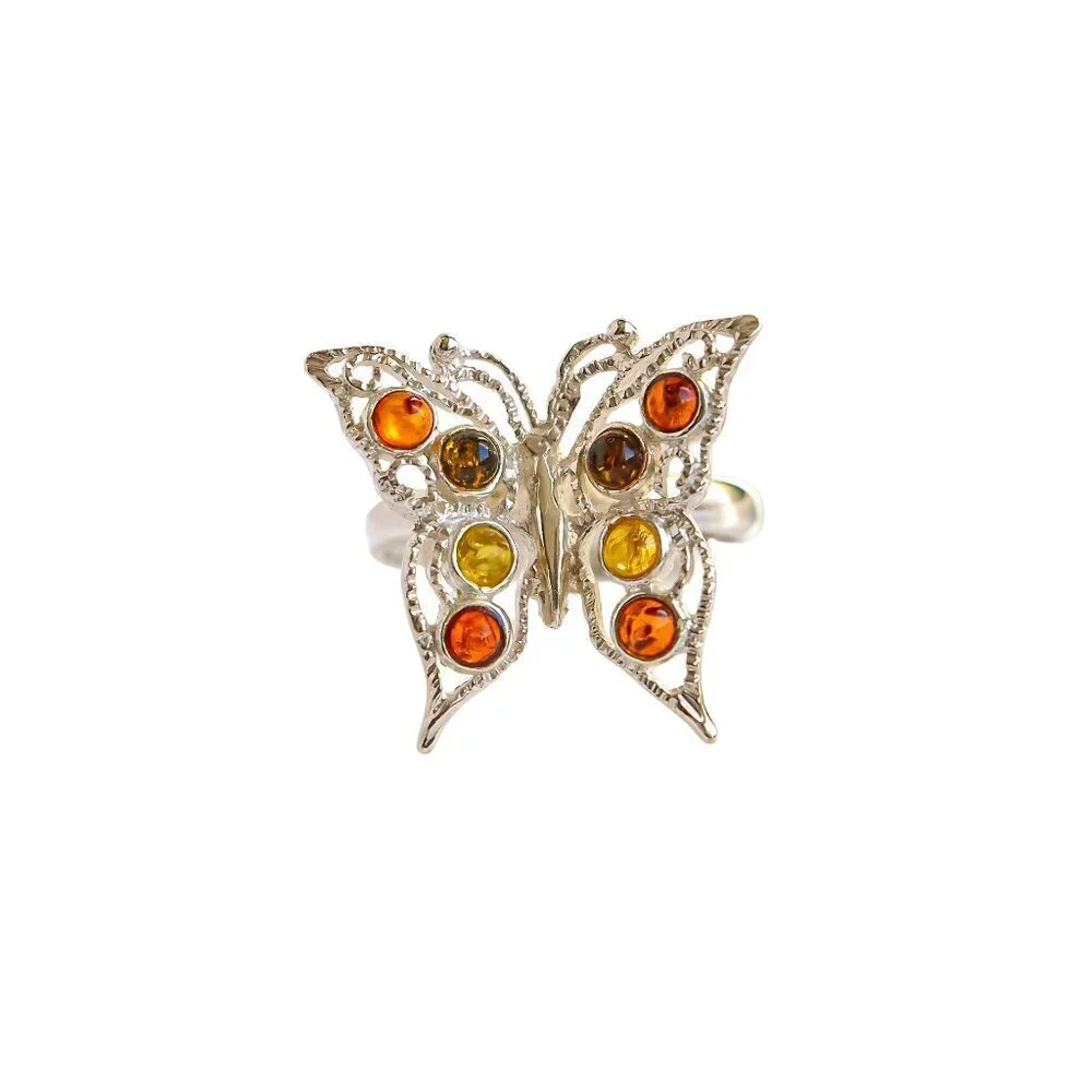 Baltic Amber Colorful Butterfly Ring in 925 Sterling Silver